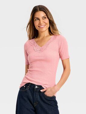 NWT Women's Short Sleeve Lace V-Neck T-Shirt - Universal Thread™ Pink L